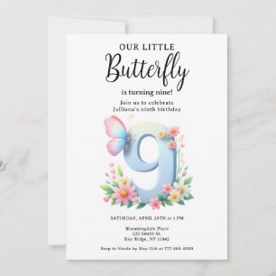 A Little Butterfly 9th Birthday Cute Number Font  Invitation