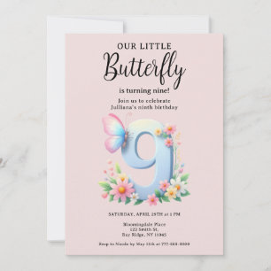 A Little Butterfly 9th Birthday Cute Number Font  Invitation