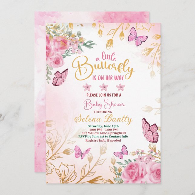 A little butterfly baby shower Girl Watercolor Invitation (Front/Back)