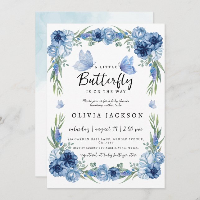 A Little Butterfly Blue Floral Rustic Baby Shower Invitation (Front/Back)
