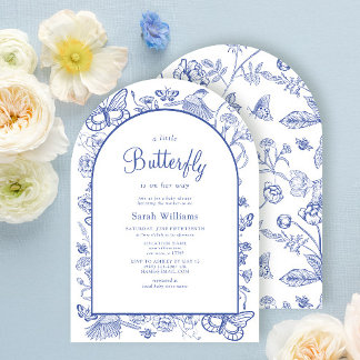 A Little Butterfly Blue & White Floral Baby Shower Invitation