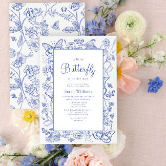 A Little Butterfly Blue & White Floral Baby Shower Invitation