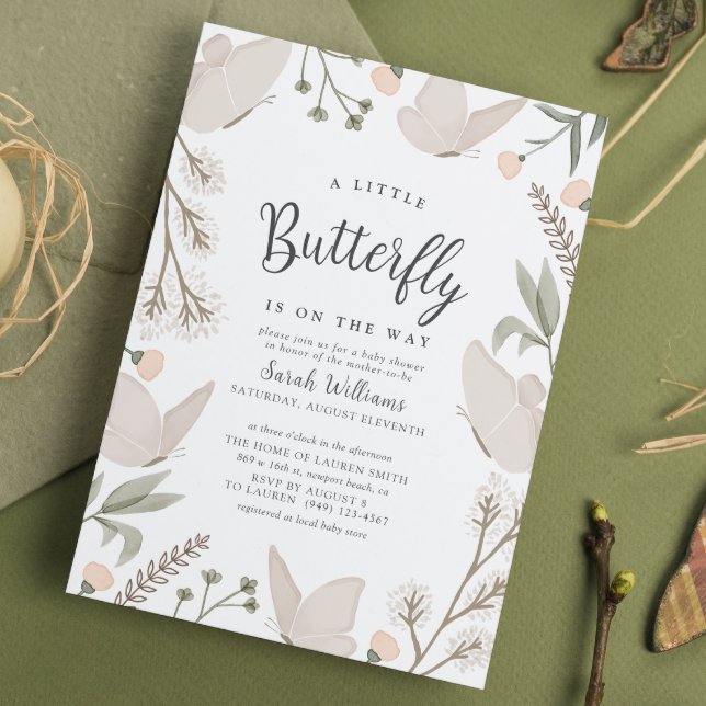 A Little Butterfly Botanical Whimsical Baby Shower Invitation (Flutter by to celebrate new beginnings!)
