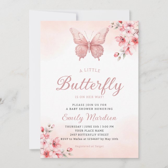 A Little Butterfly cute Boho pink girl baby shower Invitation (Front)