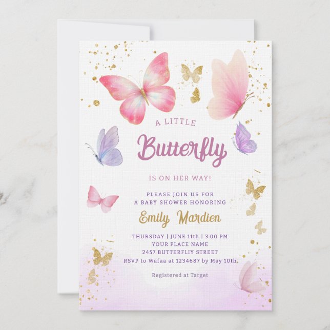 A Little Butterfly cute Boho pink Girl Baby Shower Invitation (Front)