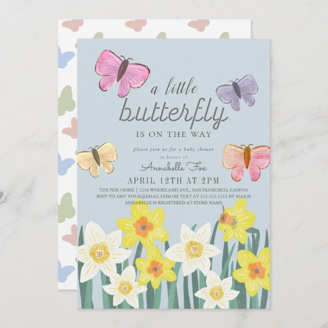 A Little Butterfly Daffodil Floral Baby Shower Invitation (Front/Back)