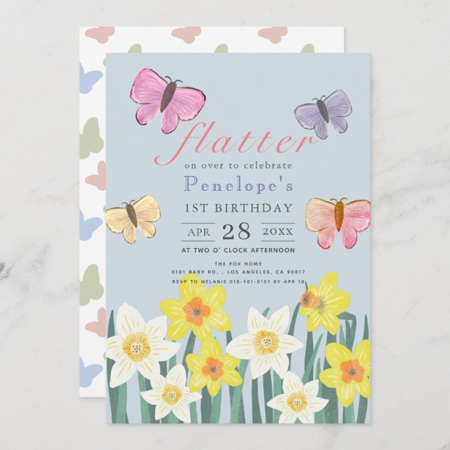 A Little Butterfly Daffodil Girl 1st Birthday Invitation (Front/Back)