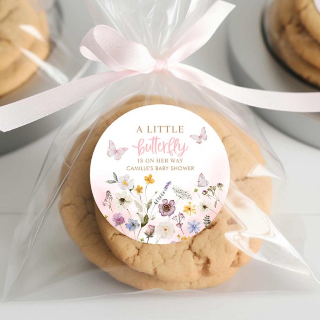 A little Butterfly Girl baby Shower Classic Round Sticker (Butterfly and Wildflower Favor Stickers)