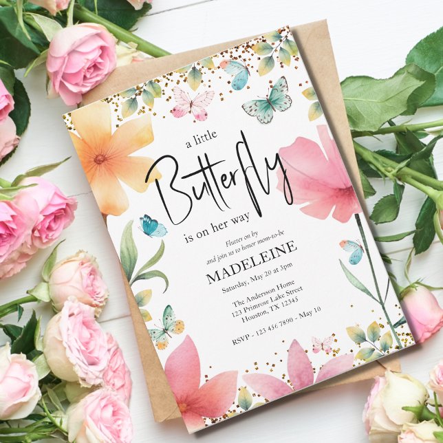 A Little Butterfly Glitter Floral Baby Shower Invitation (Creator Uploaded)