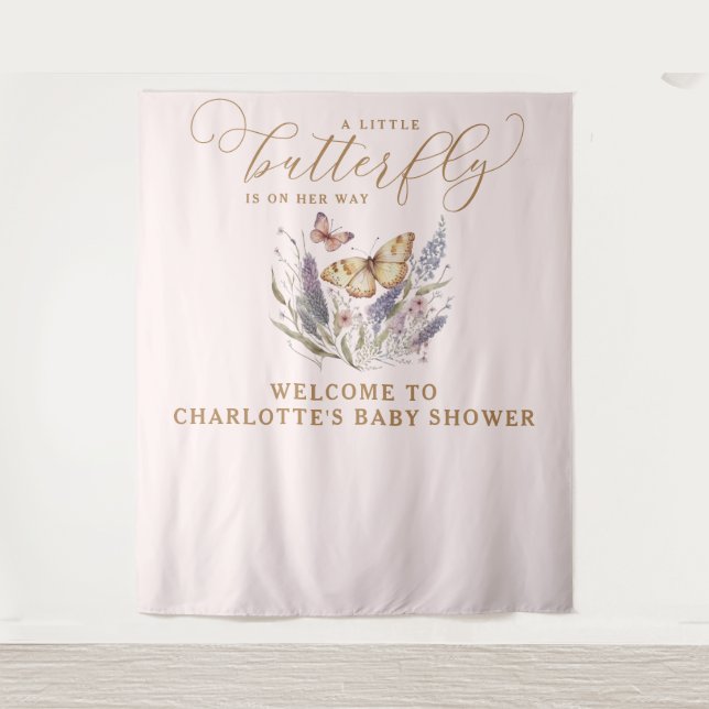 A Little Butterfly Is On Her Way Baby Shower Tapestry (Front)
