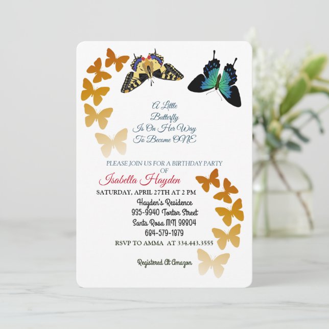 A Little Butterfly Is On Her Way Birthday Modern Invitation (Standing Front)