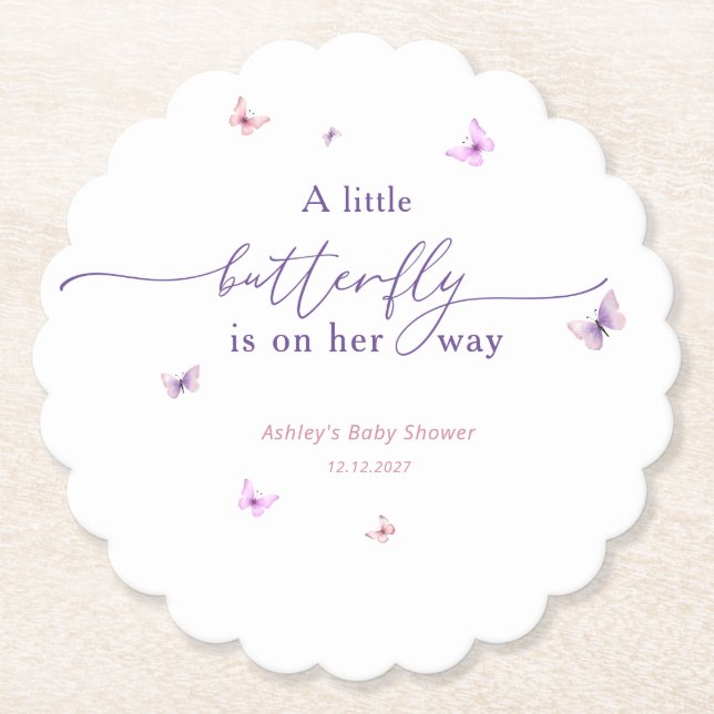 A Little Butterfly Is On Her Way Cute Baby Shower Paper Coaster (Front)