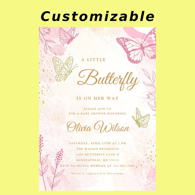 A Little Butterfly Is On Her Way Gold Baby Shower Invitation (Creator Uploaded)