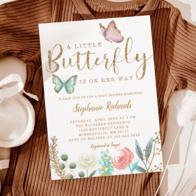A Little Butterfly Is On Her Way Gold Baby Shower Invitation (Creator Uploaded)