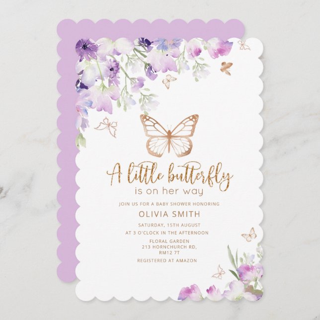 A little butterfly is on the way gold lilac invitation (Front/Back)