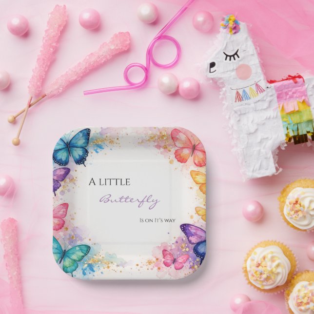 A Little Butterfly On It’s Way Glitter Baby Shower Paper Plate (Party)
