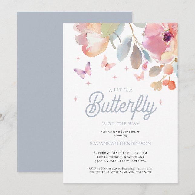 A Little Butterfly Pink Blue Floral Baby Shower Invitation (Front/Back)