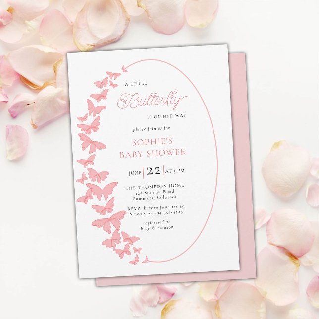 A Little Butterfly Pink Boho Chic Girl Baby Shower Invitation (little butterfly baby girl shower invitation boho chic romantic coral pink whimsical elegant classy )