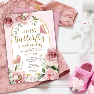 A Little Butterfly Pink Gold Glitter Baby Shower Invitation