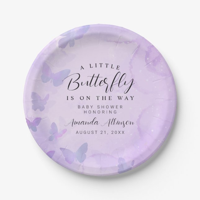 A Little Butterfly Purple Baby Shower Paper Plate (Front)