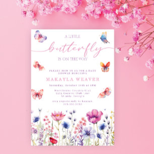 a little Butterfly Purple cute flowers Baby Shower Invitation