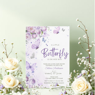 " A Little Butterfly" Purple Floral Baby Shower Invitation