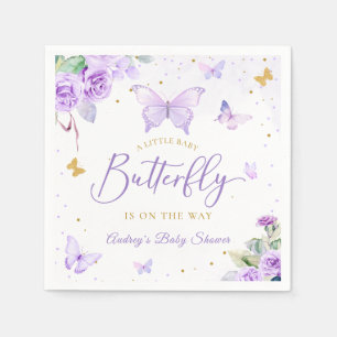 A Little Butterfly Purple Gold Floral Baby Shower Napkin