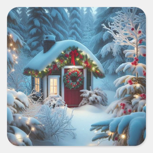 A Little Cabin in the Woods | Festive Christmas Square Sticker (Front)