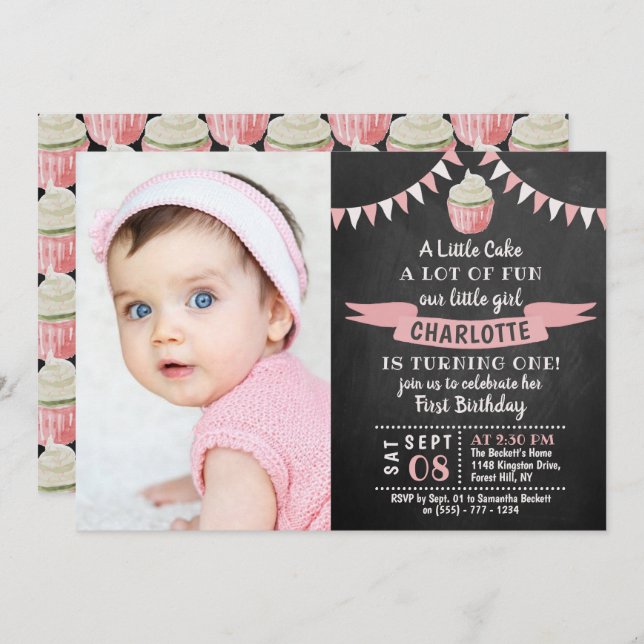 A Little Cake Chalkboard Photo 1st Birthday Invitation (Front/Back)