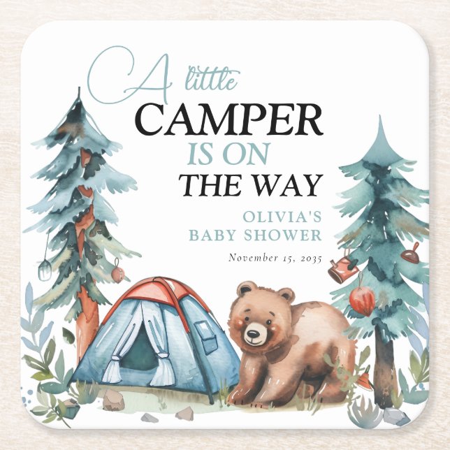 A Little Camper Forest Baby Shower Square Paper Coaster (Front)