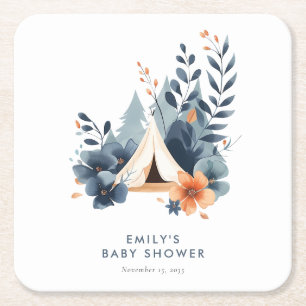 A Little Camper Forest Baby Shower Square Paper Coaster