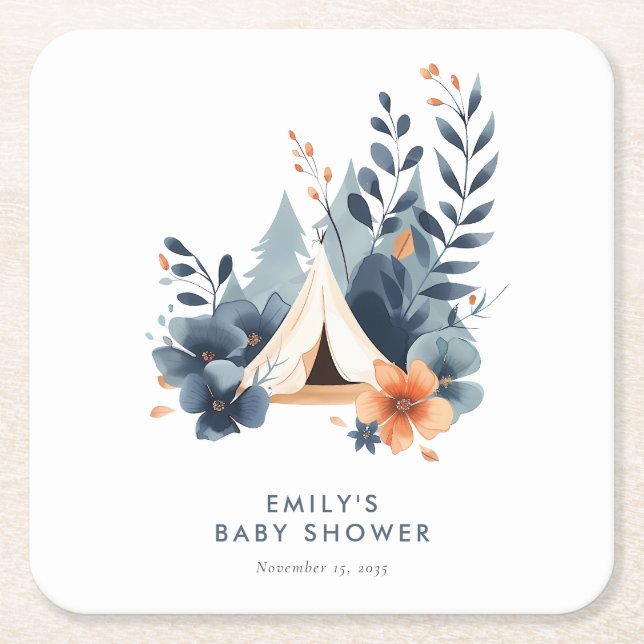 A Little Camper Forest Baby Shower Square Paper Coaster (Front)