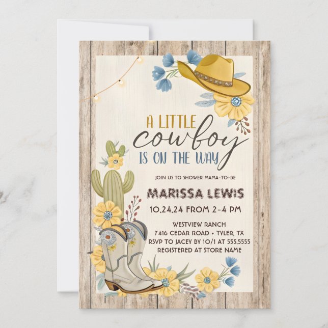 A Little Cowboy Is On His Way Bleu Yellow Western  Invitation (Front)