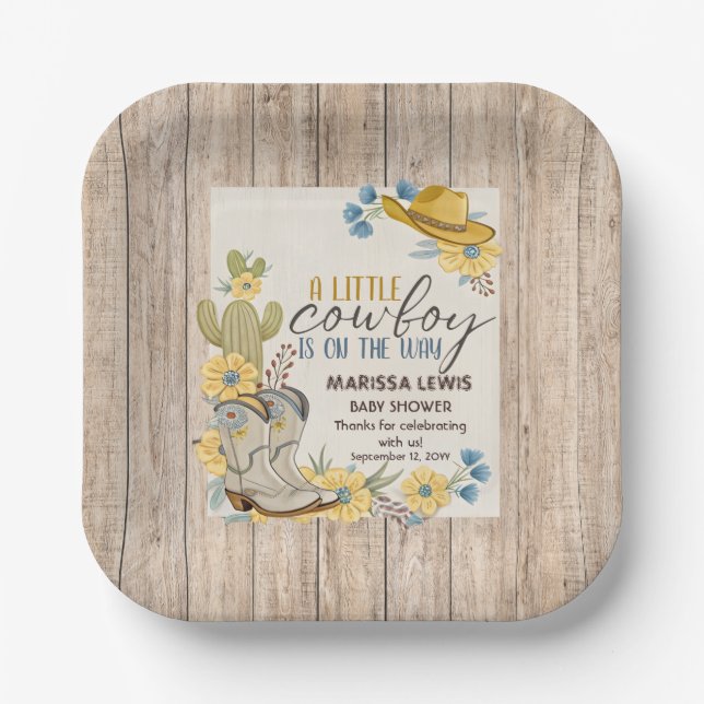 A Little Cowboy Is On His Way Bleu Yellow Western  Paper Plate (Front)