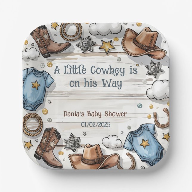 A Little Cowboy Is on the Way Baby Shower  Paper P Paper Plate (Front)