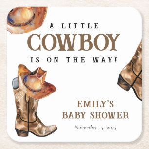 A Little Cowboy Western Baby Shower Square Paper Coaster