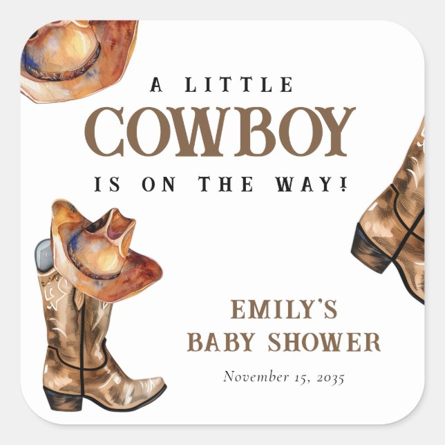 A Little Cowboy Western Baby Shower Square Sticker (Front)