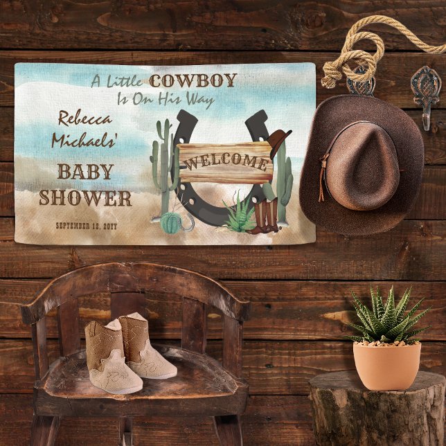 A Little Cowboy Western Boy Baby Shower Banner ("A Little Cowboy Is On His Way"  Rustic Western Boy Baby Shower Banner)