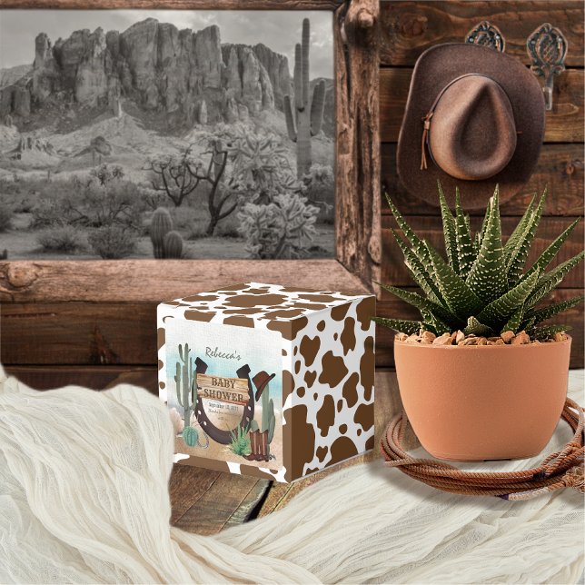 A Little Cowboy Western Boy Baby Shower Favour Box (Rustic Western Boy Baby Shower Square Favor Box -- "A Little Cowboy Is On His Way" Collection)