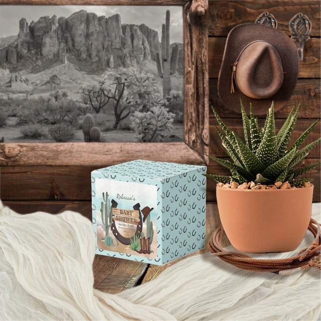 A Little Cowboy Western Boy Baby Shower Favour Box (Rustic Western Boy Baby Shower Square Favor Box -- "A Little Cowboy Is On His Way" Collection)