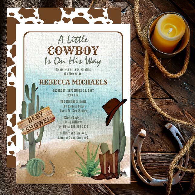 A Little Cowboy Western Boy Baby Shower Invitation (Rustic Western "A Little Cowboy Is On His Way" Boy Baby Shower Invitation)