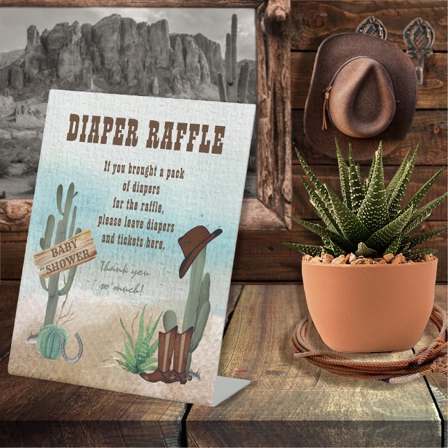A Little Cowboy Western Shower Diaper Raffle  Pedestal Sign (Rustic Western Boy Baby Shower Diaper Raffle Pedestal Sign -- "A Little Cowboy Is On His Way" )