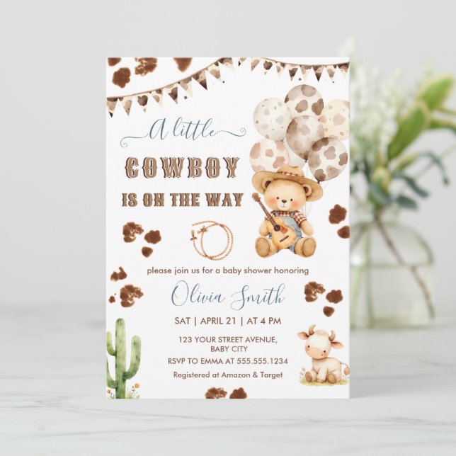 A Little Cowboy Western Teddy Bear Baby Shower Invitation (Standing Front)