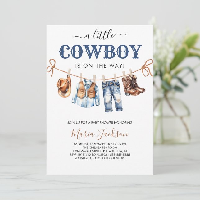 A Little Cowboy Wild West Blue boy Baby Shower Invitation (Standing Front)