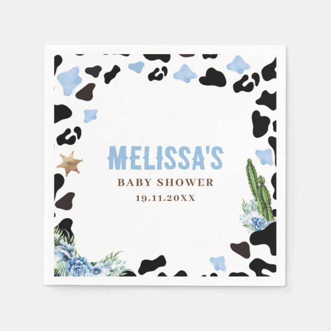 A Little Cowboy Wild Western Boy Blue Baby Shower Napkin (Front)