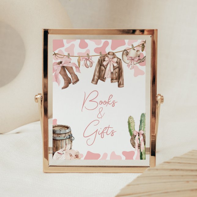 A Little Cowgirl Baby Shower Books and Gifts Poster (A Little Cowgirl Clothesline Baby Shower Books and Gifts Sign)