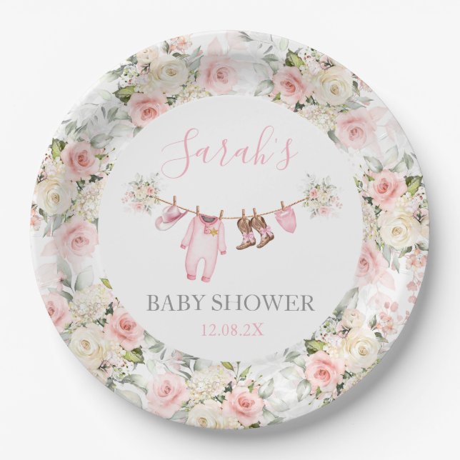 A little Cowgirl Baby Shower Girl Paper Plate (Front)