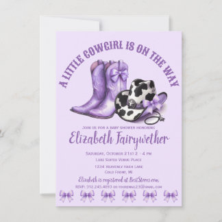 A Little Cowgirl Purple Bows Baby Shower Invitation