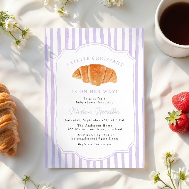 A Little Croissant Is on Her Way Lilac Baby Shower Invitation (Creator Uploaded)