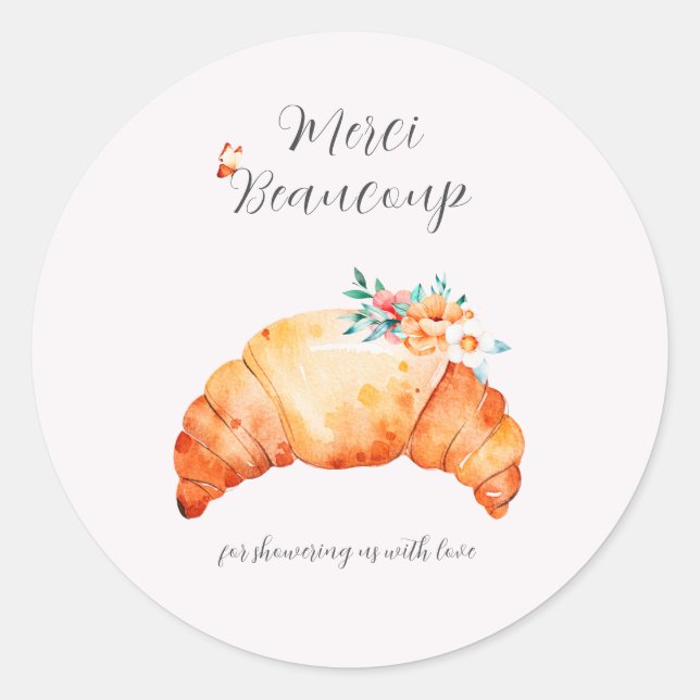 A Little Croissant Is On The Way Baby Shower Merci Classic Round Sticker (Front)
